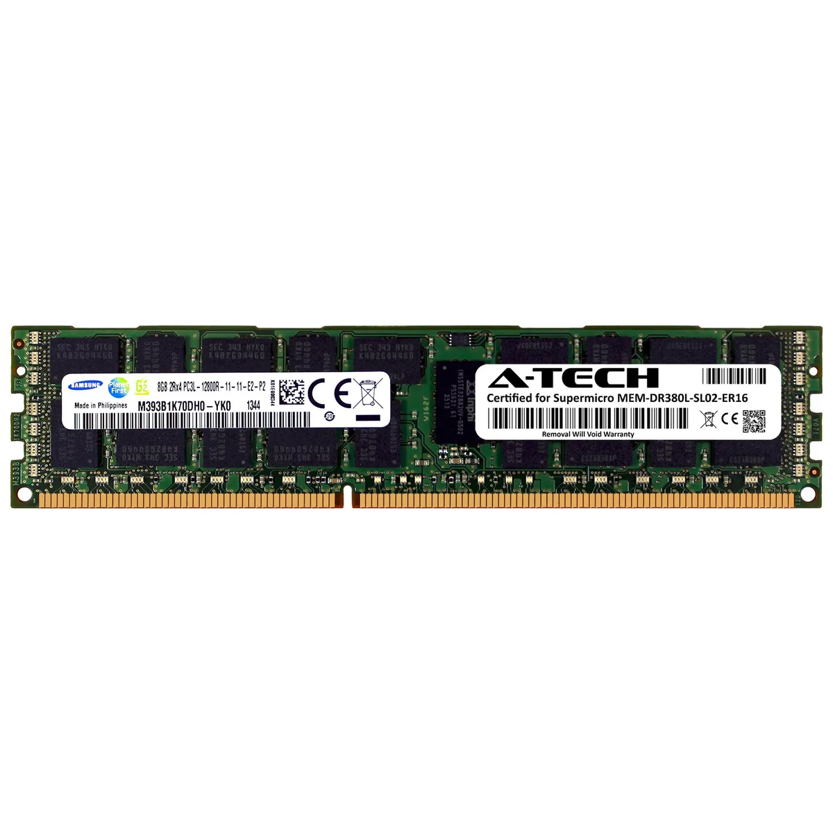 Green 240-pin DDR3L RDIMM module with black Samsung chips and gold contacts