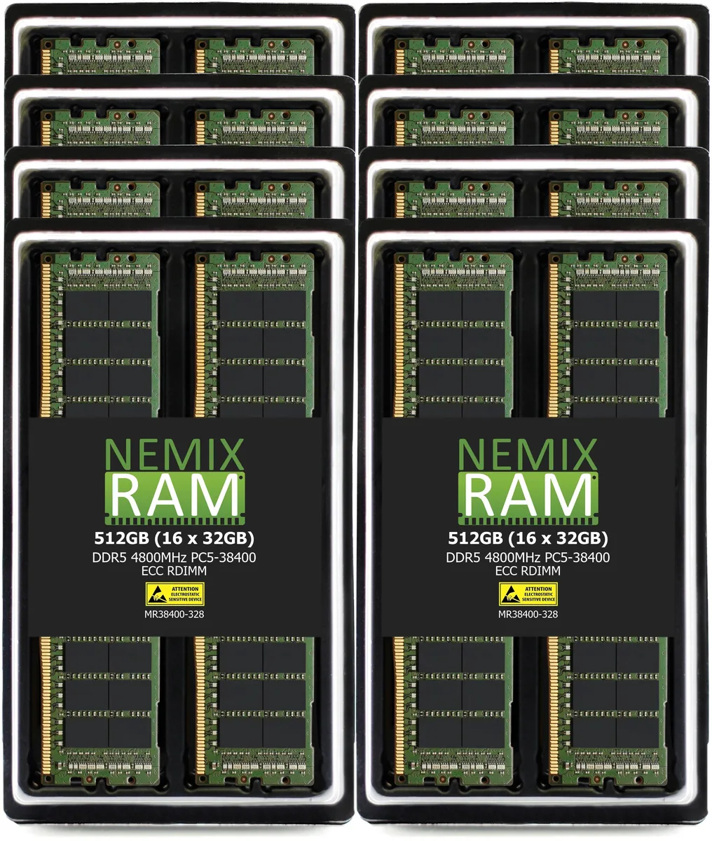 Sixteen green DDR5 RDIMM modules in a row