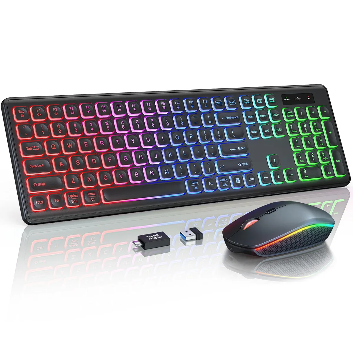 Black full-size wireless keyboard and mouse with RGB backlighting