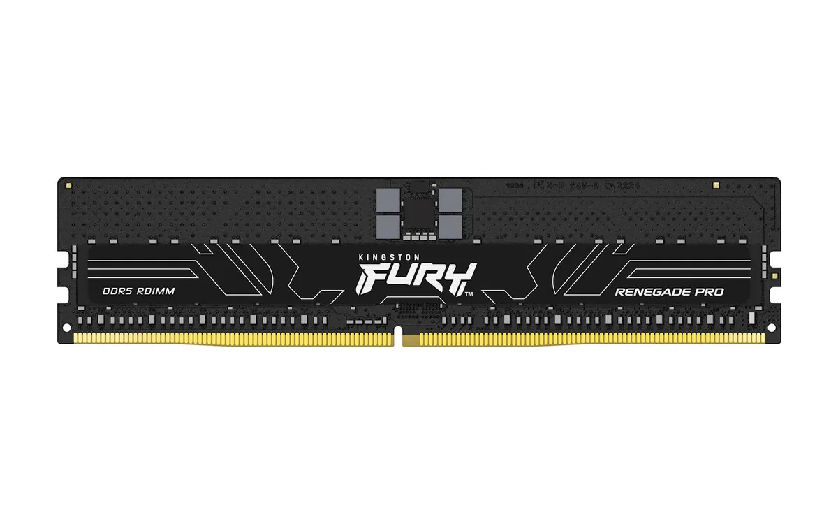 Eight black DDR5 RDIMM modules with metal heat spreaders in a row