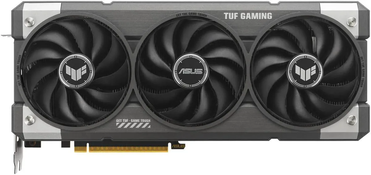 Gray triple-fan graphics card with metal backplate