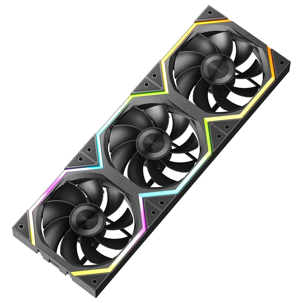 Three square black 120mm case fans with reverse blades and ARGB lighting in a row