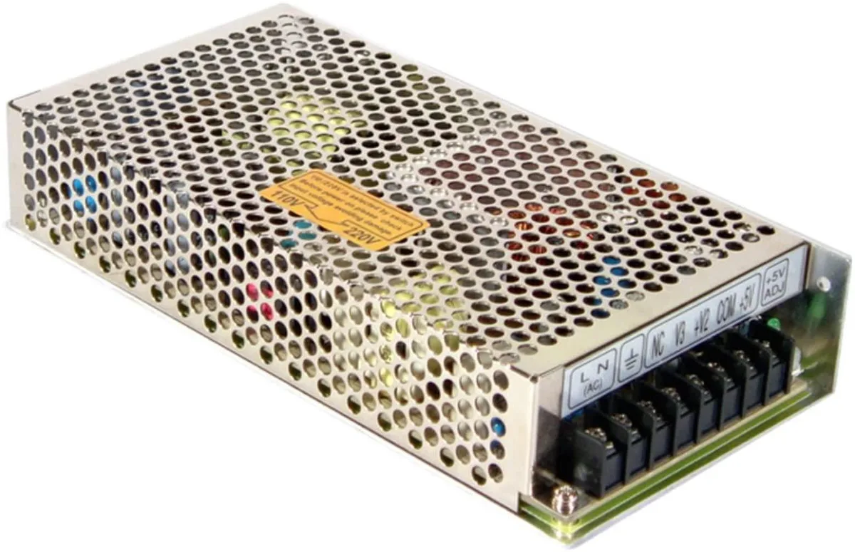 Enclosed metal power supply unit with dual output terminals and ventilation slots