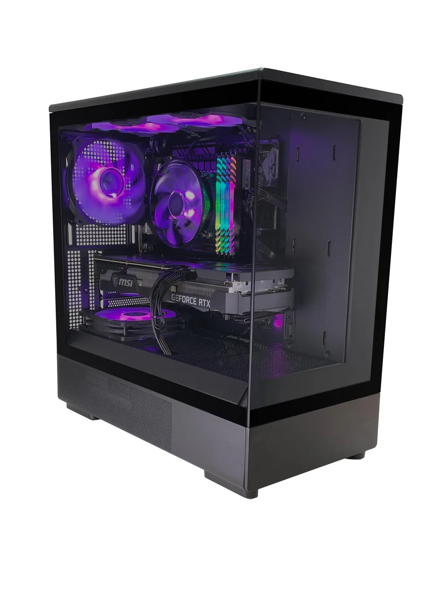 Black Zalman P10 tower with frameless tempered glass front and side panels, four ARGB fans visible inside