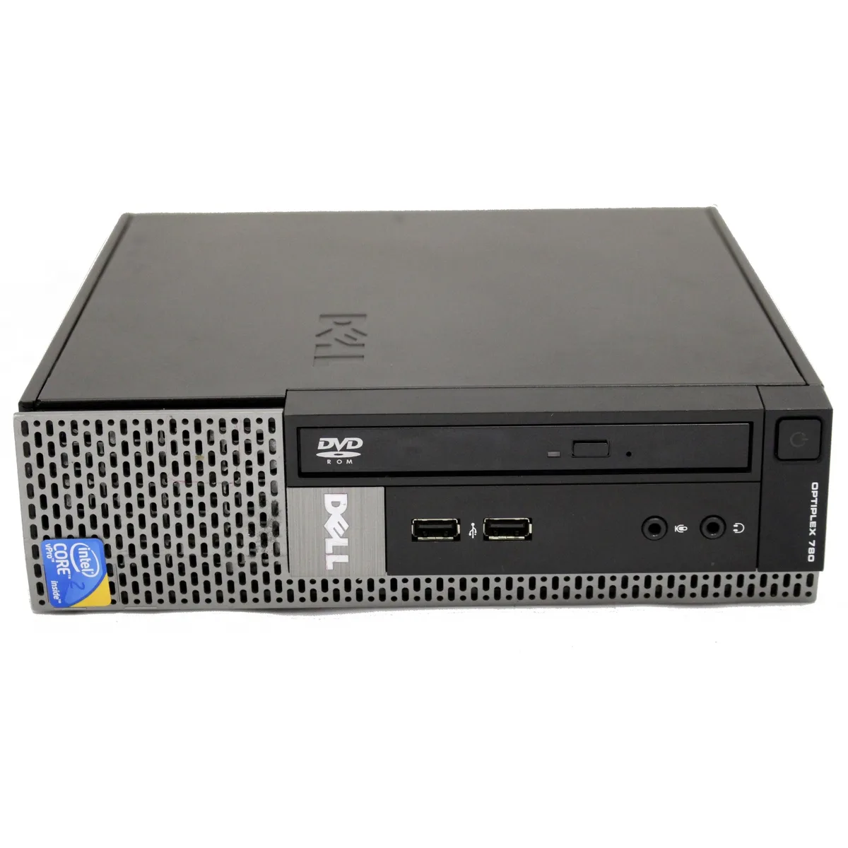 Compact black and silver ultra-small desktop tower with front slot-loading DVD drive