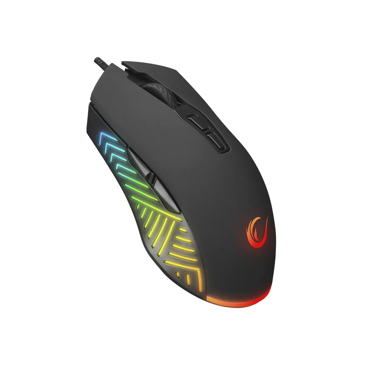 Black wired gaming mouse with ergonomic right-hand shape and RGB lighting