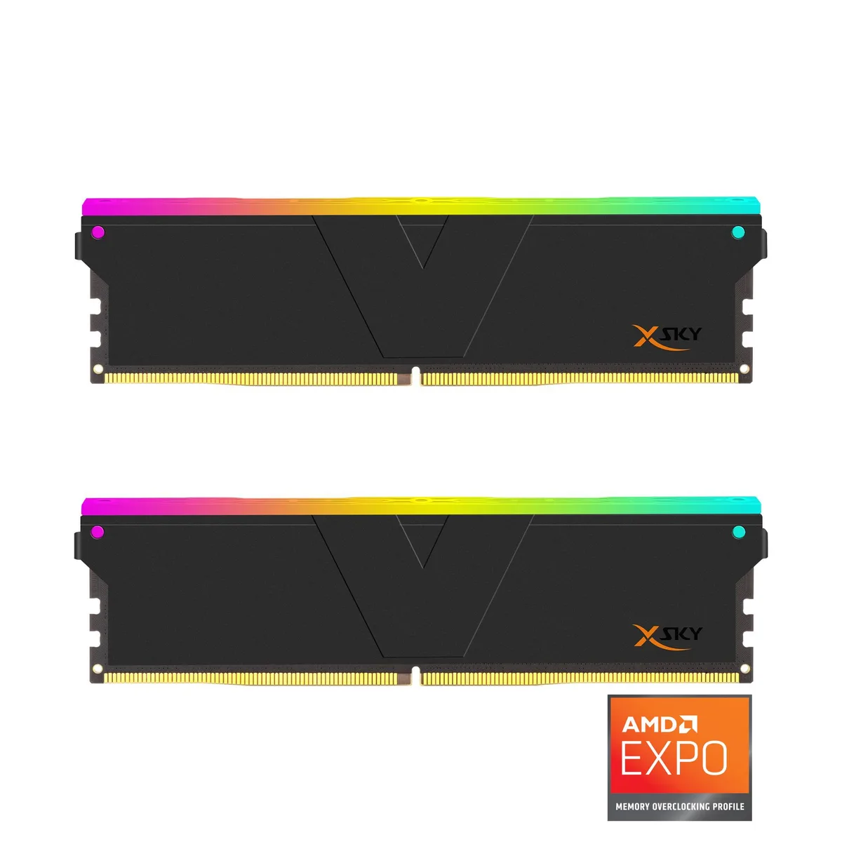 Two black DDR5 memory sticks with RGB lighting