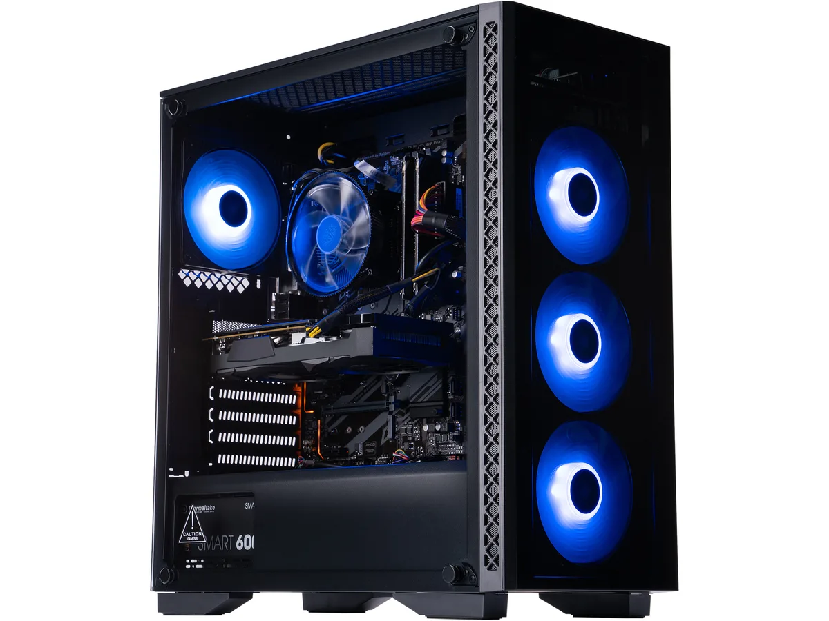 Mid-tower gaming PC with tempered glass panels and ARGB fans