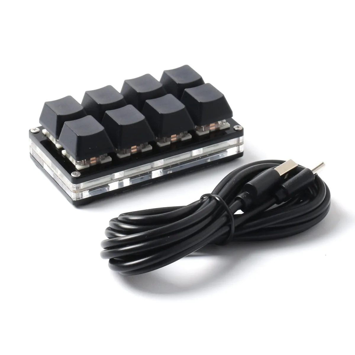 Compact black 8-key macro keypad with tactile switches and USB cable