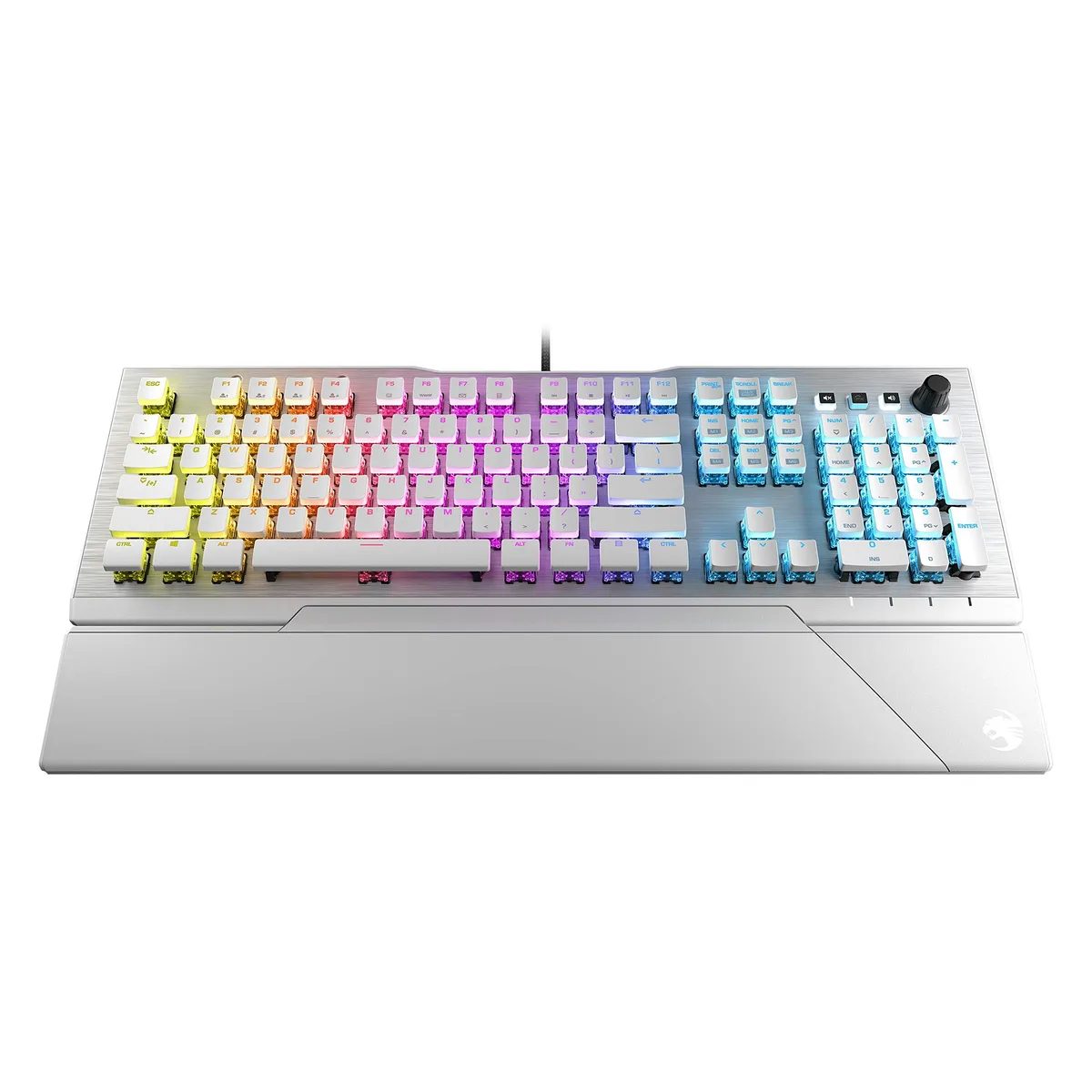 Full-size white and silver mechanical keyboard with anodized aluminium top plate, transparent key switches and detachable palm rest