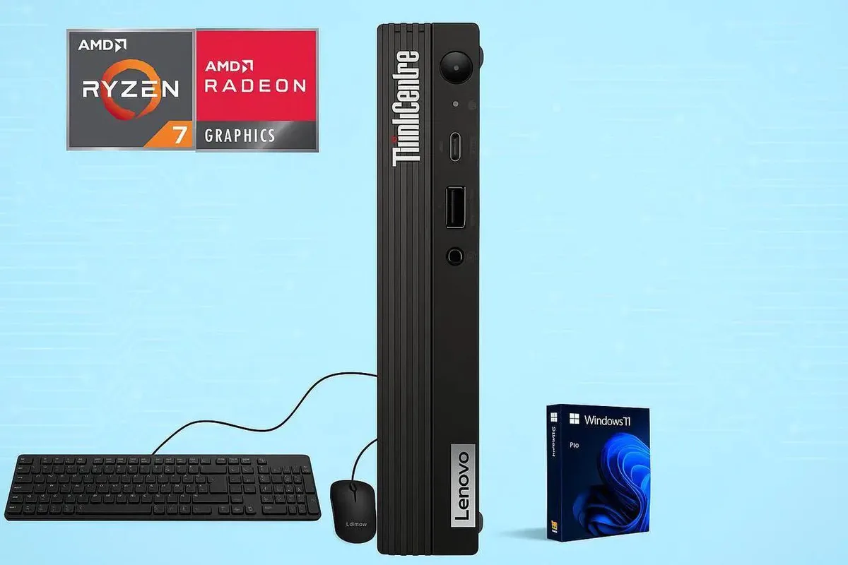 Small black Lenovo ThinkCentre M75q Mini desktop with USB keyboard and mouse