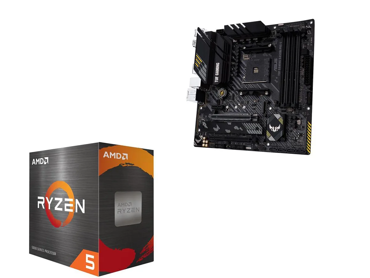 Micro-ATX motherboard and Ryzen 5 5600X CPU in socket, matte black PCB with grey heatsinks