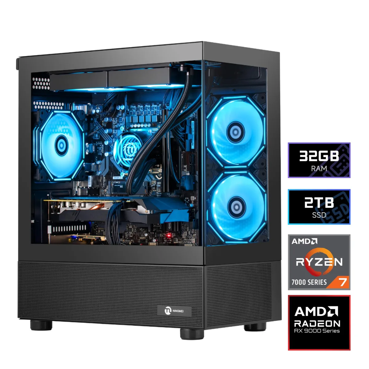NINGMEI NINGMEI Gaming PC Ryzen 7 7800X3D RX 9070 XT 16GB 32GB DDR5 2TB NVMe White — photo du produit