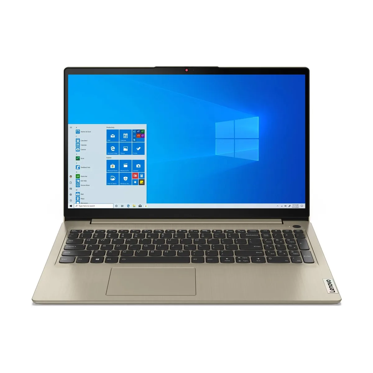 Sand-coloured 15.6 inch IdeaPad 3 laptop closed on a flat surface
