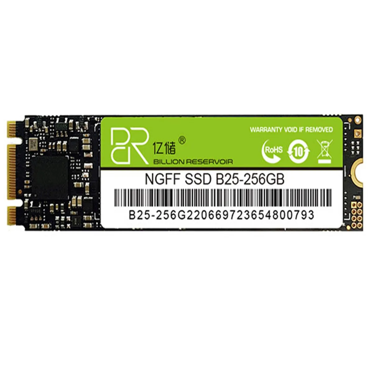 Green M.2 solid-state drive with exposed circuitry and gold edge connector
