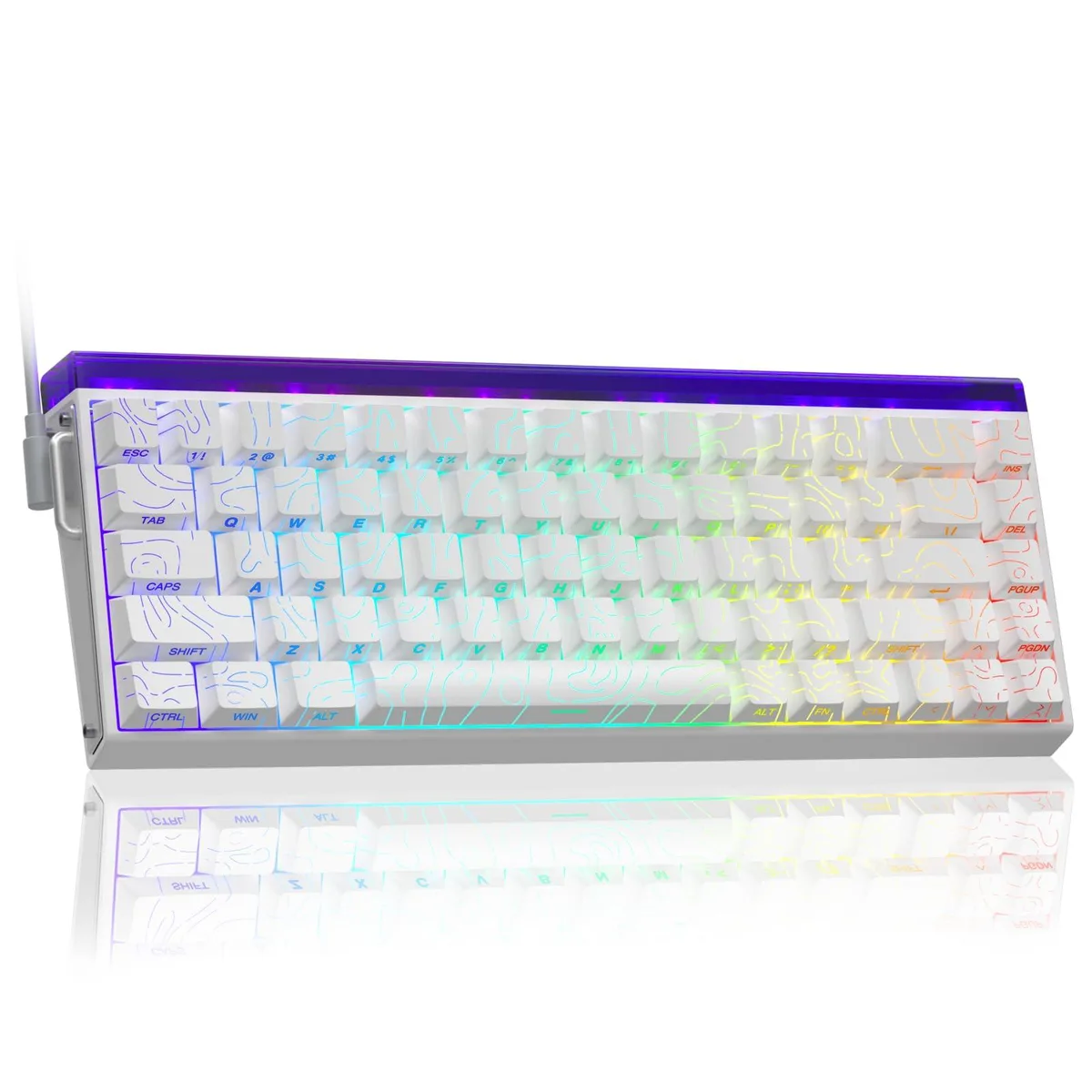 White compact 60 percent wired keyboard with side-printed PBT keycaps and RGB light box