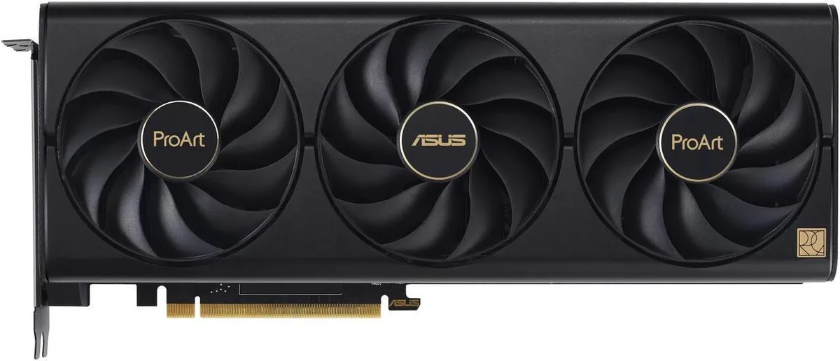ASUS ProArt RTX 4070 Ti graphics card with three axial-tech fans and 2.5-slot silver shroud