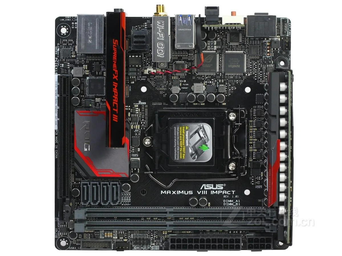 Compact Mini-ITX motherboard with dark PCB, silver LGA 1151 socket and DDR4 memory slots
