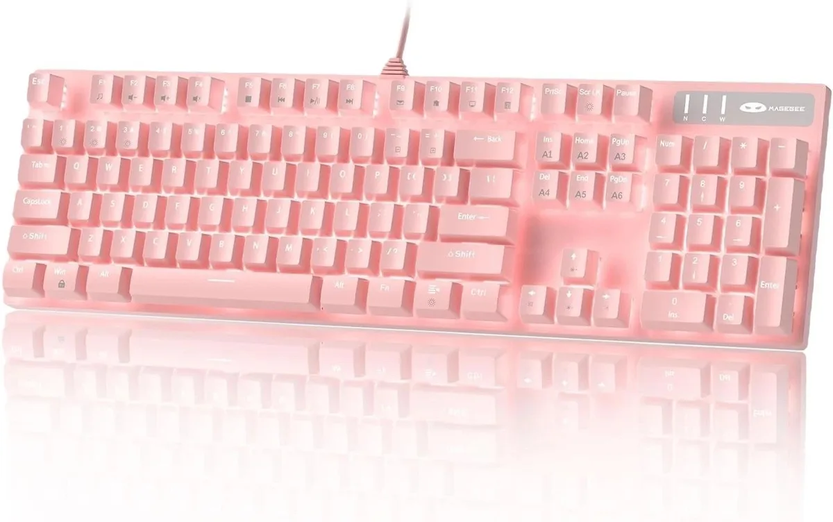 Pink full-size mechanical keyboard with blue clicky switches and RGB backlighting showing 18 lighting effects