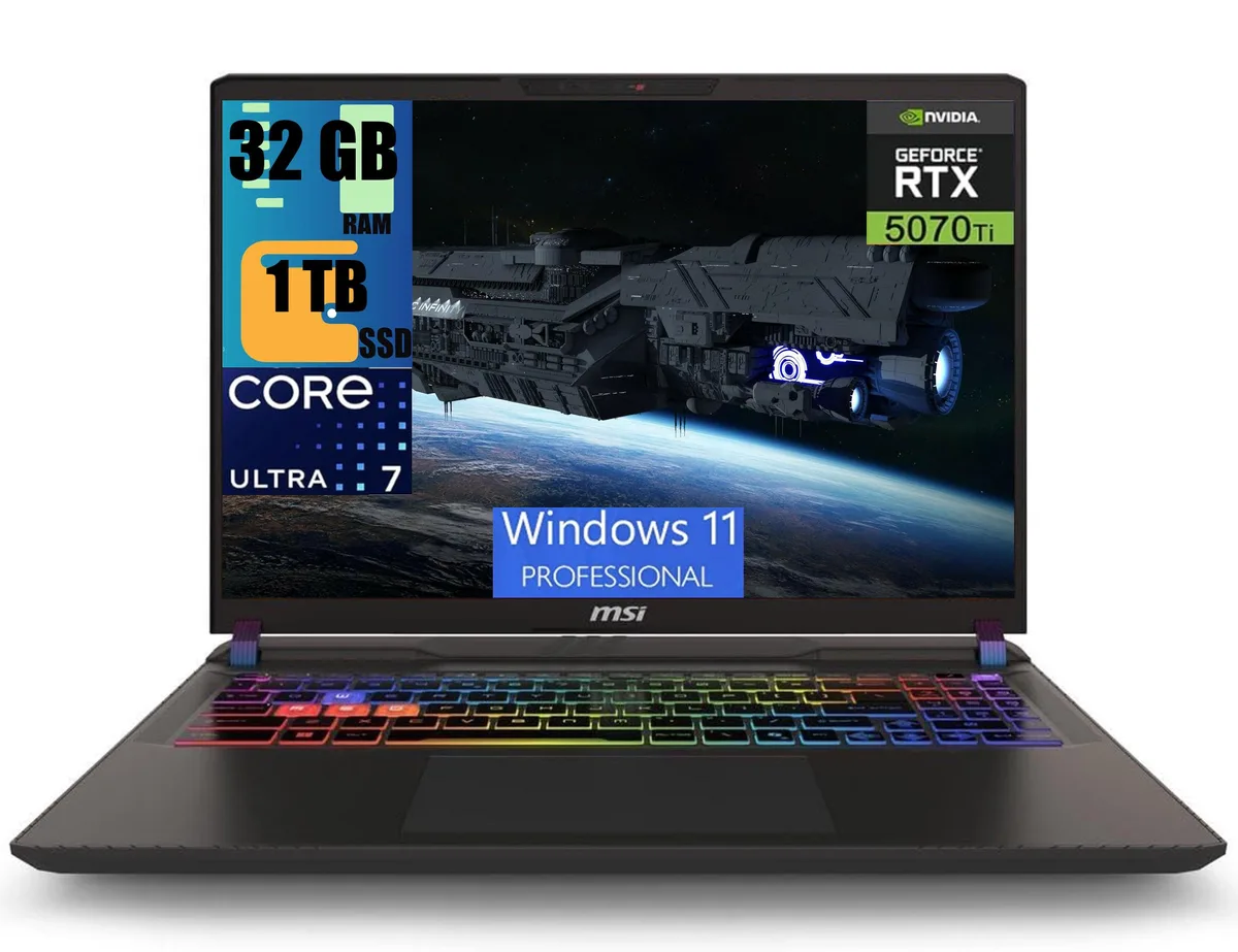 MSI MSI Vector 16 HX AI gaming laptop, Ultra 7 255HX, RTX 5070 Ti, 32GB, 1TB — product photo