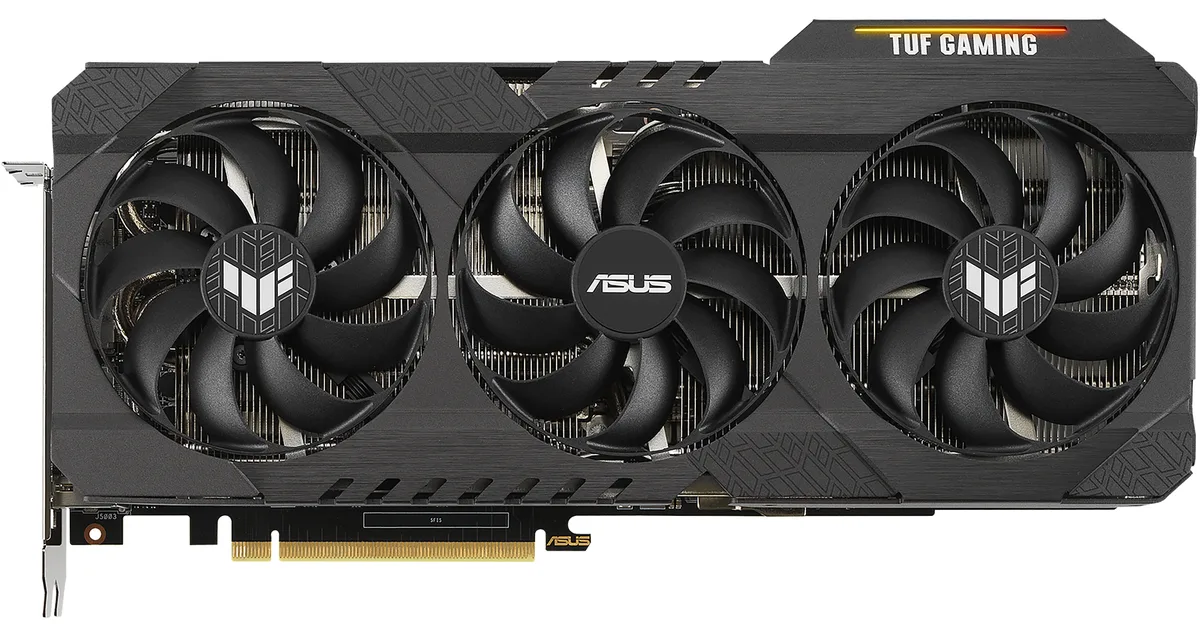 Black triple-fan graphics card with silver accents, full-length PCIe 4.0 board, two 8-pin power connectors