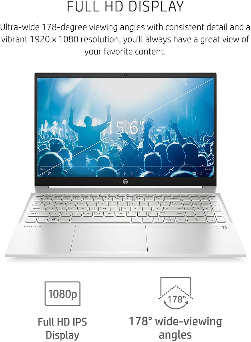 Silver HP Pavilion 15 laptop with 15.6 inch micro-edge display, compact design