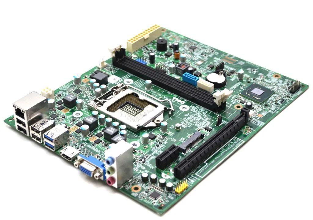 Dell LGA1155 desktop motherboard, green PCB, silver I/O shield