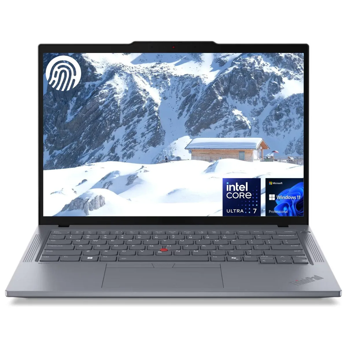 Grey 14-inch ThinkPad T14 laptop with matte finish and fingerprint reader