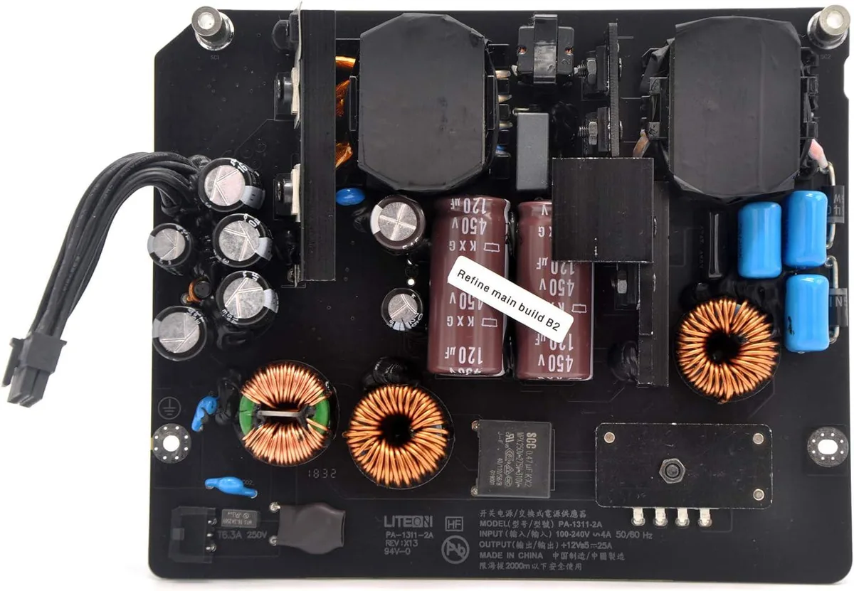 Rectangular metal power supply unit with printed labels and connector ports