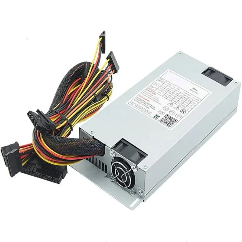 Compact 1U silver power supply unit with rear fan grille and side ventilation slots