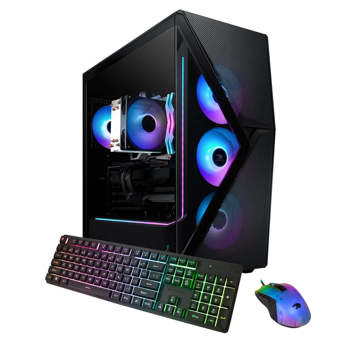 Black mid-tower desktop with mesh front panel and RGB lighting