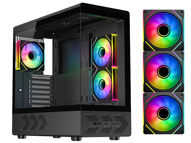 Black steel mid-tower case with dual tempered glass side panels, three pre-installed ARGB fans visible through the glass