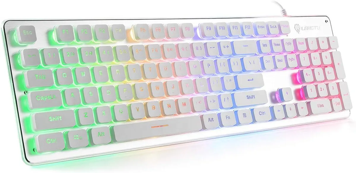 White full-size keyboard with silver brushed metal panel and rainbow LED backlighting