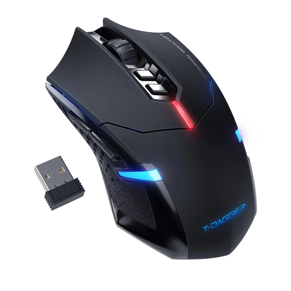 Black right-handed gaming mouse with 16 buttons, ergonomic thumb rest, matte finish