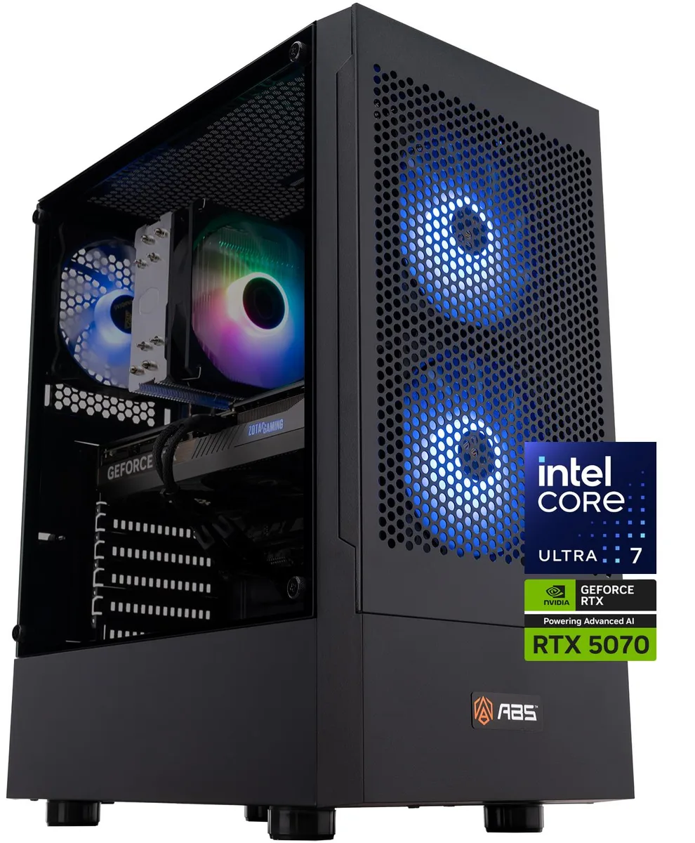 Black mid-tower gaming PC with mesh front panel and tempered glass side panel