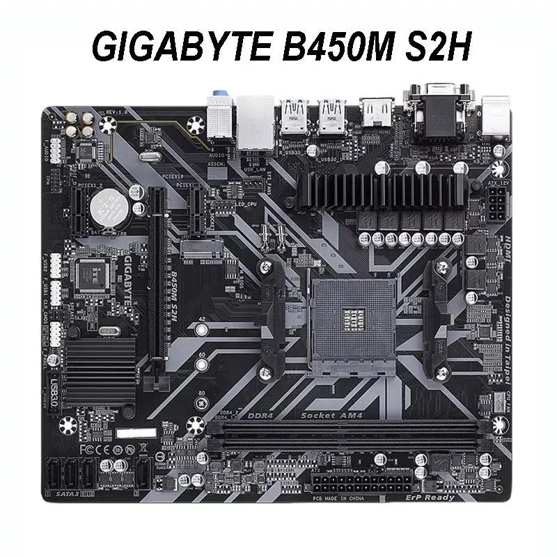 Green micro-ATX board with silver heatsinks and black slots