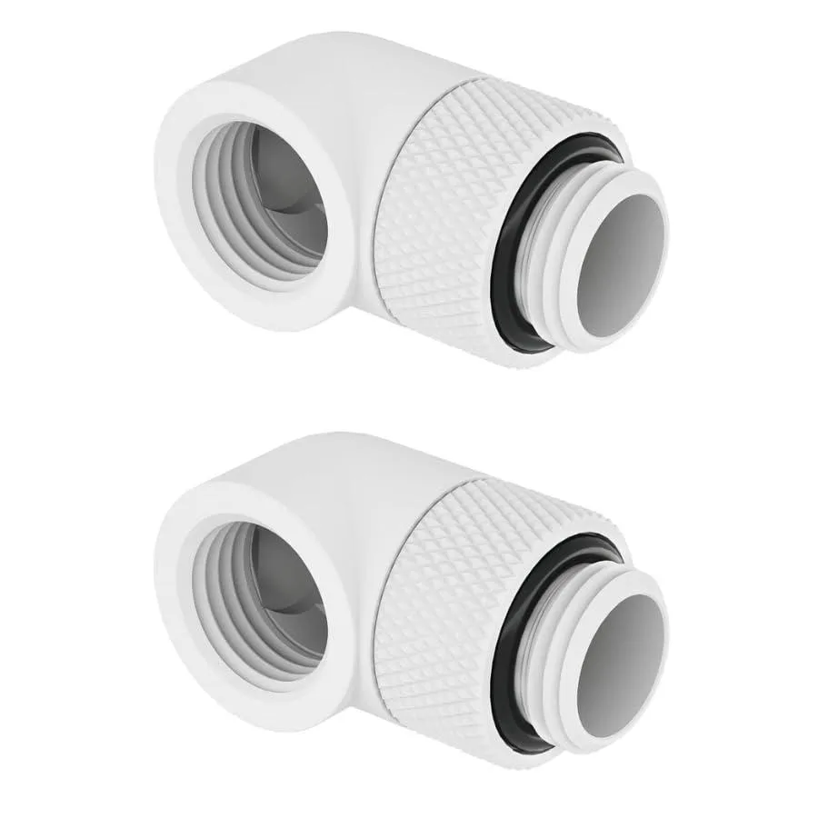 Two white 90-degree rotary fittings with knurled nickel-plated brass bodies and G1/4 threads