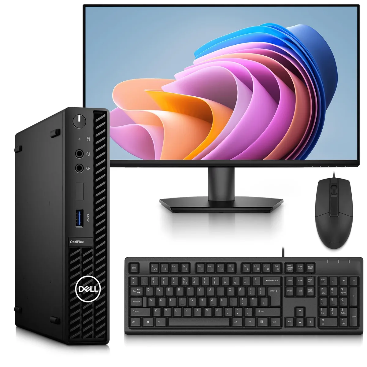 A compact black Dell OptiPlex 3090 Micro desktop with a 24 inch LED monitor