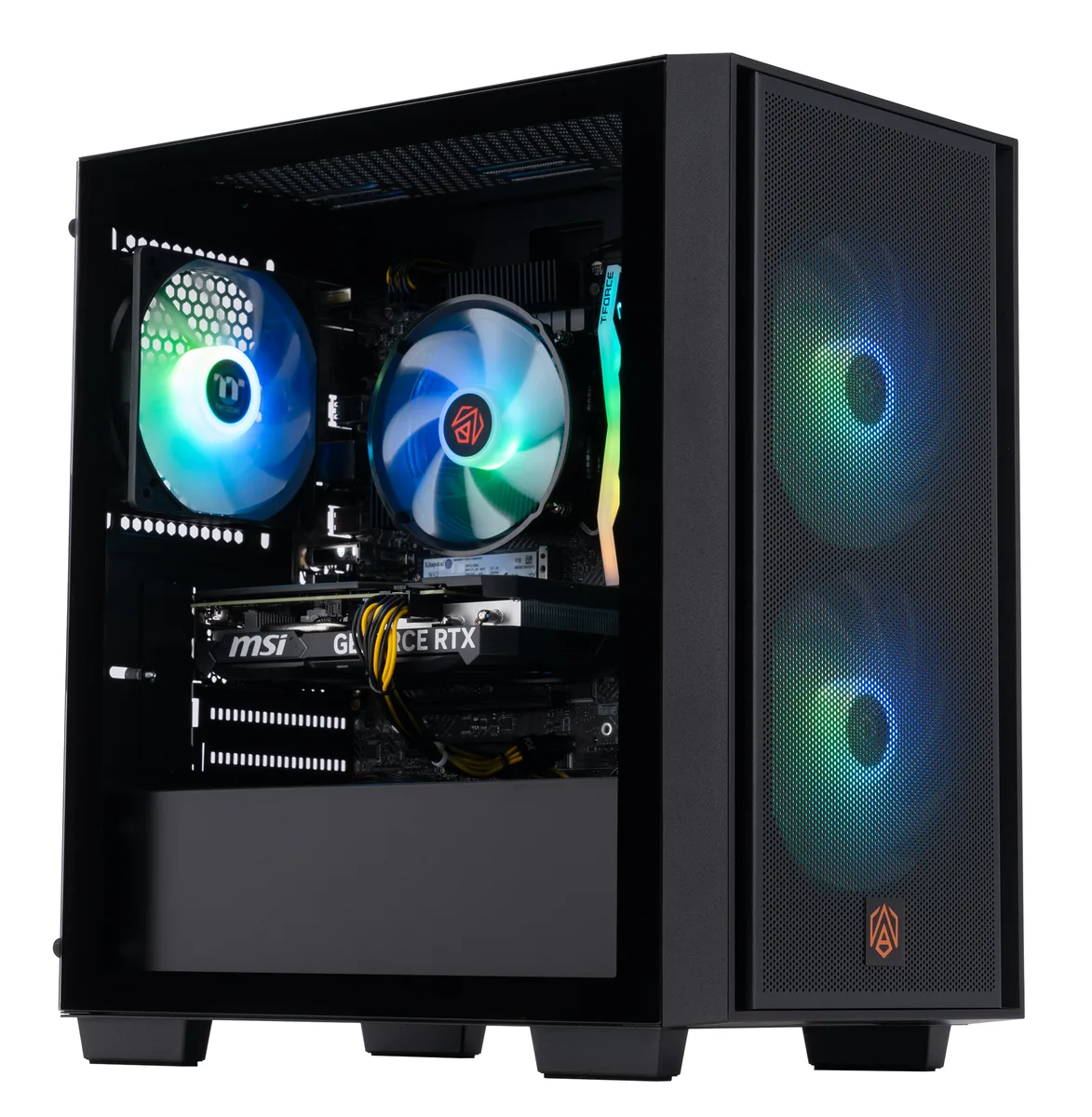 Black ABS Orkan mATX gaming desktop case with RGB air cooler visible through side panel