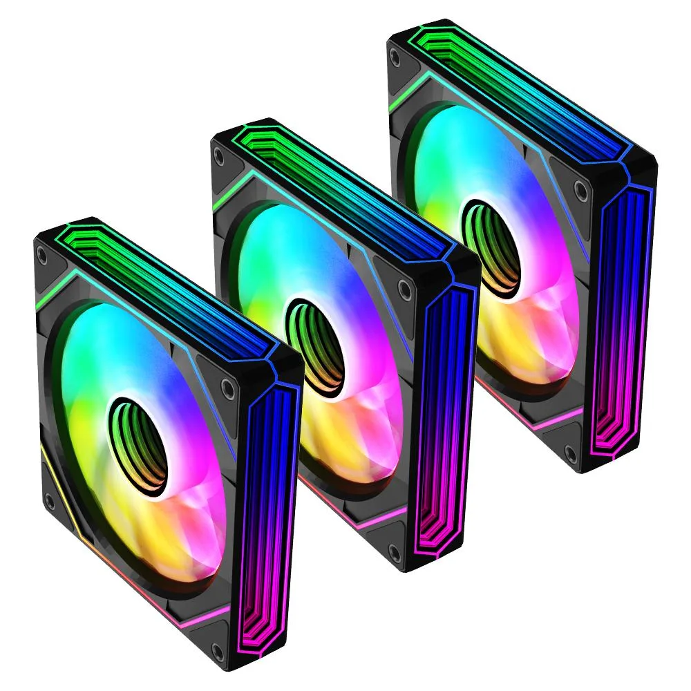 Three black 120mm square fans with ARGB lighting and reverse blades in a pack