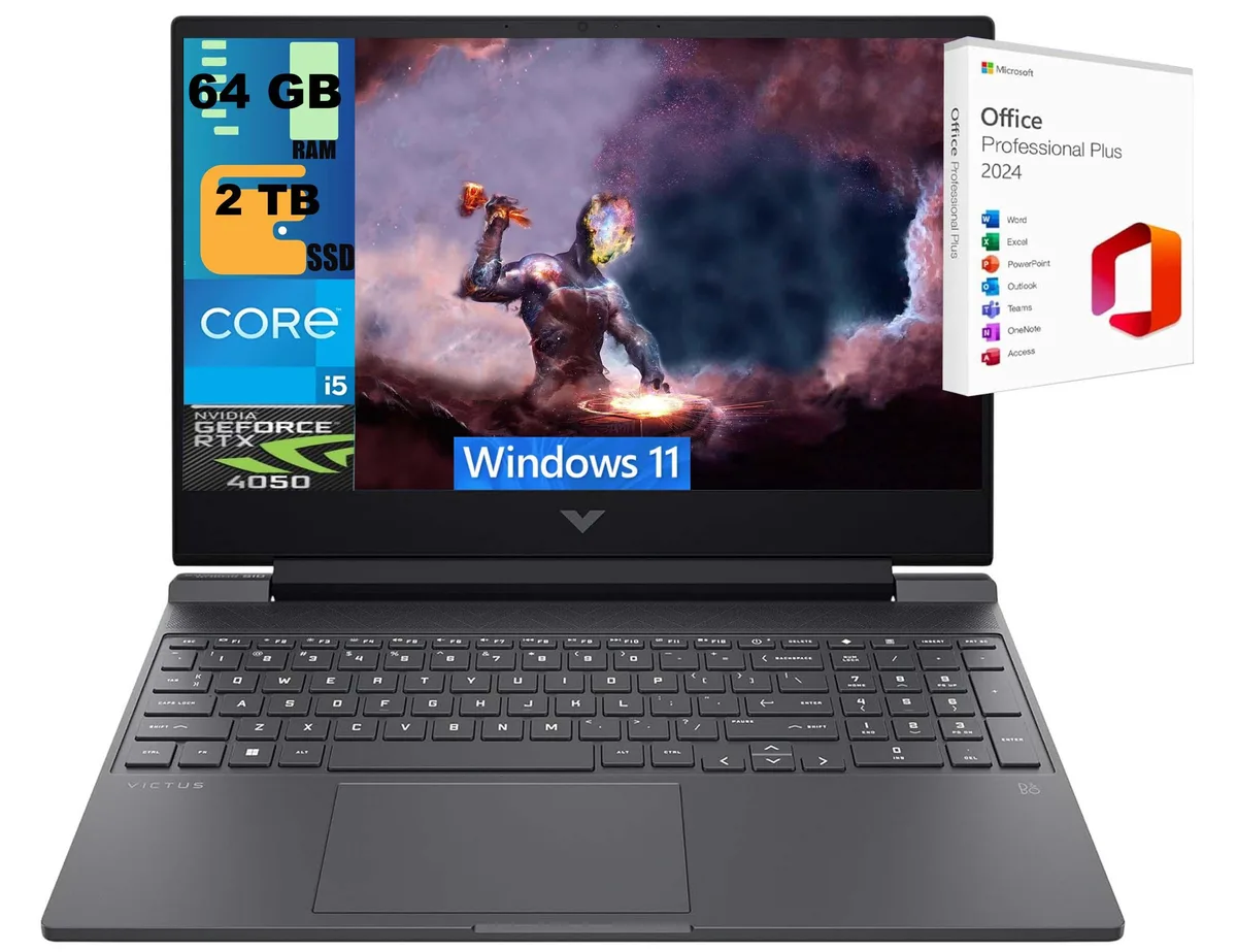 Black 15.6 inch gaming laptop with thin bezel display and backlit keyboard