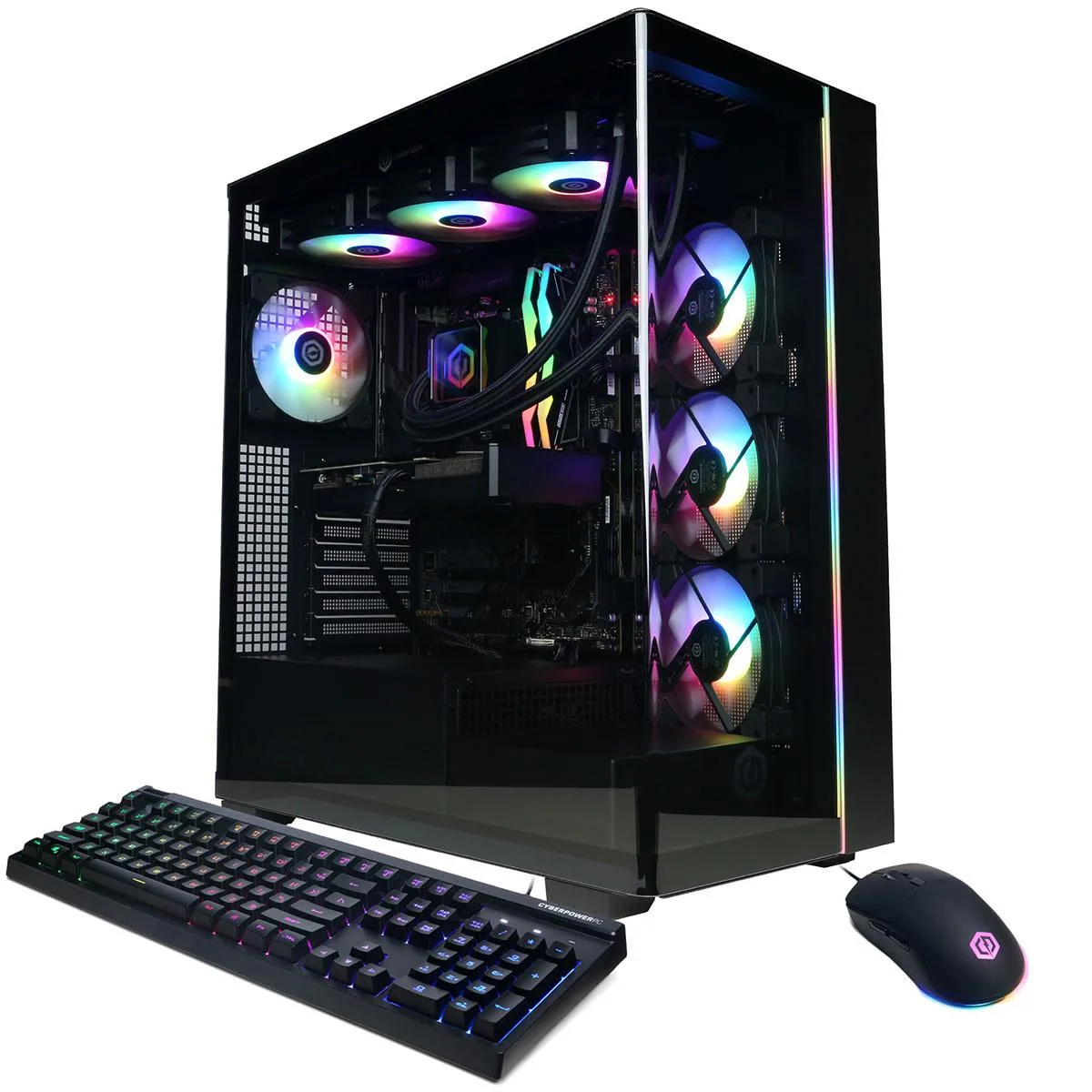 Black mid-tower gaming desktop with liquid cooling visible