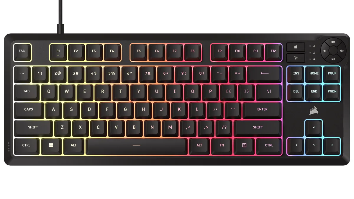 Tenkeyless black gaming keyboard with RGB backlighting and media keys
