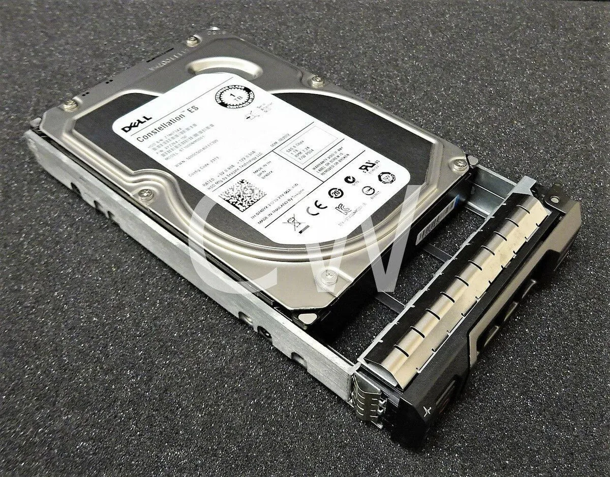 Silver 3.5 inch SAS hard drive with black circuit board and included server caddy