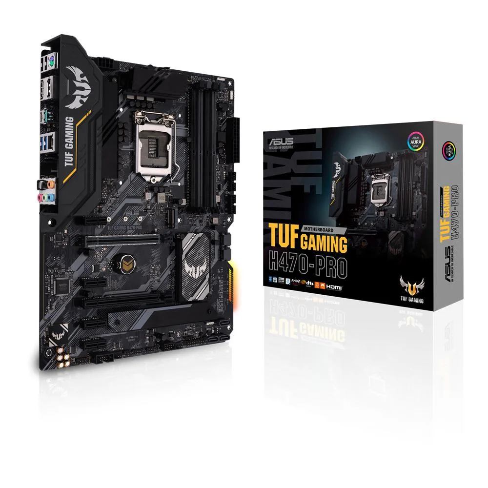 ATX motherboard in matte black with grey heatsinks and yellow TUF accents