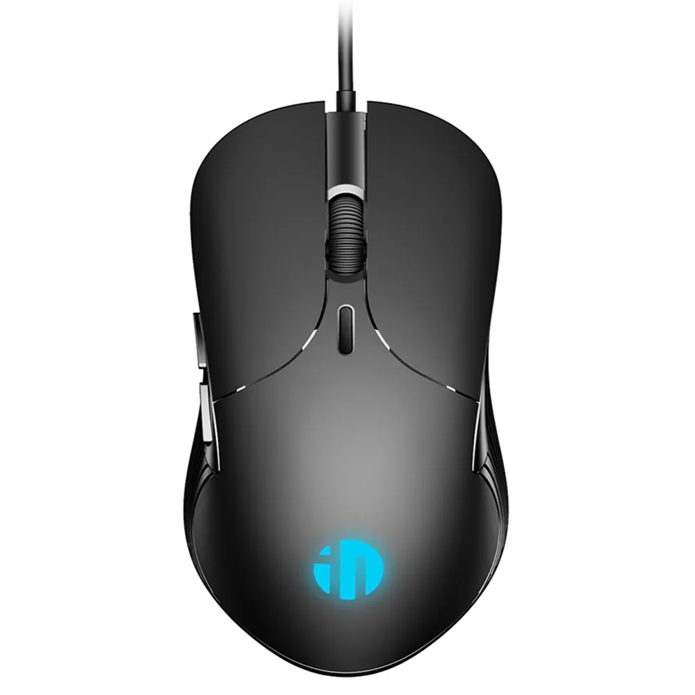Black wired gaming mouse with six buttons and LED lighting