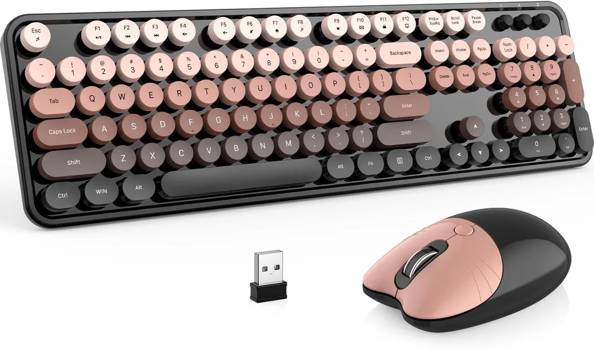 Full-size wireless keyboard and mouse set in coffee gradient finish with round retro keycaps