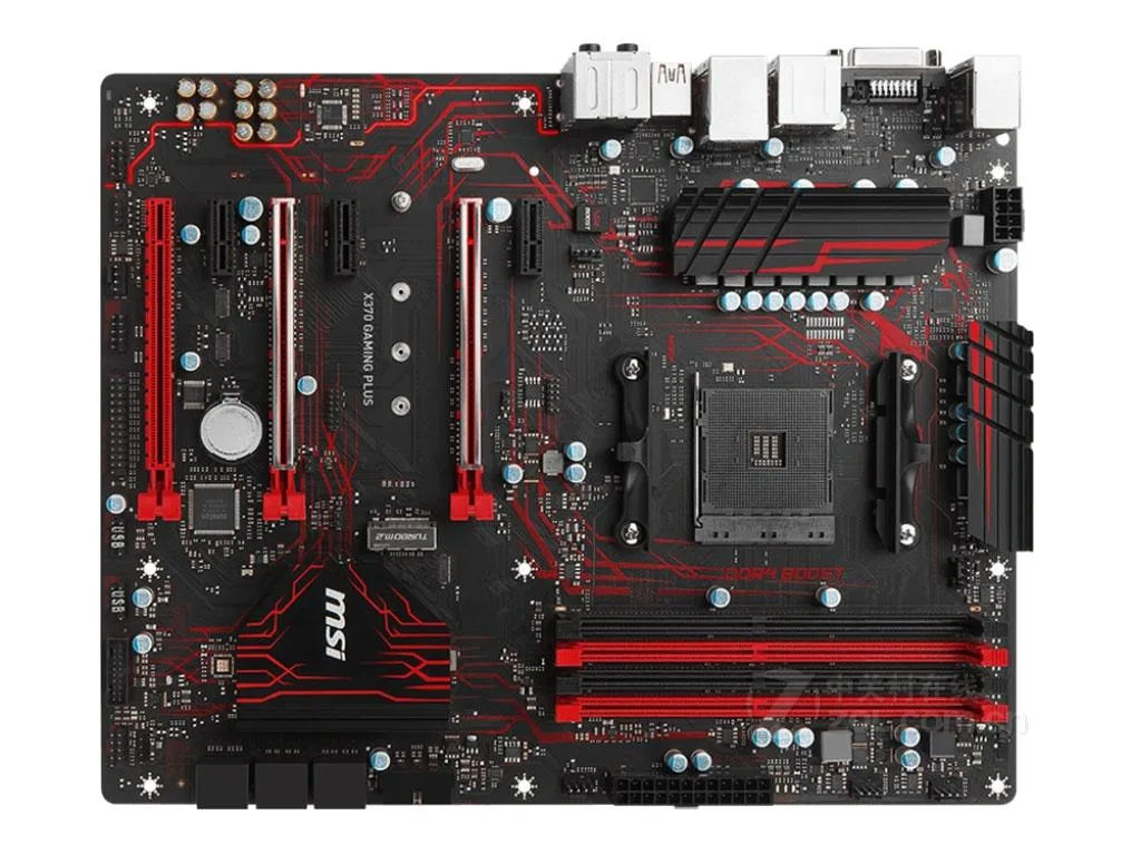 ATX motherboard black PCB red accents silver heatsinks