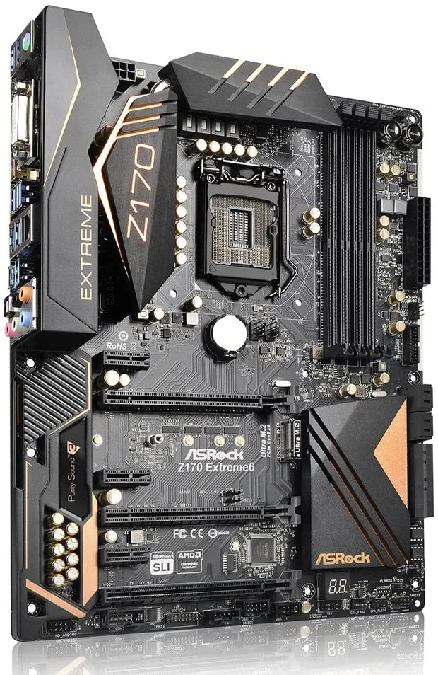 ATX motherboard with black PCB silver heatsinks four DDR4 slots three PCIe x16 slots eight SATA ports