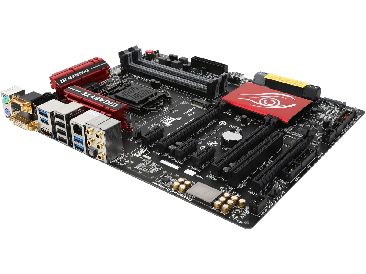 Black ATX motherboard with silver heatsinks and red accents